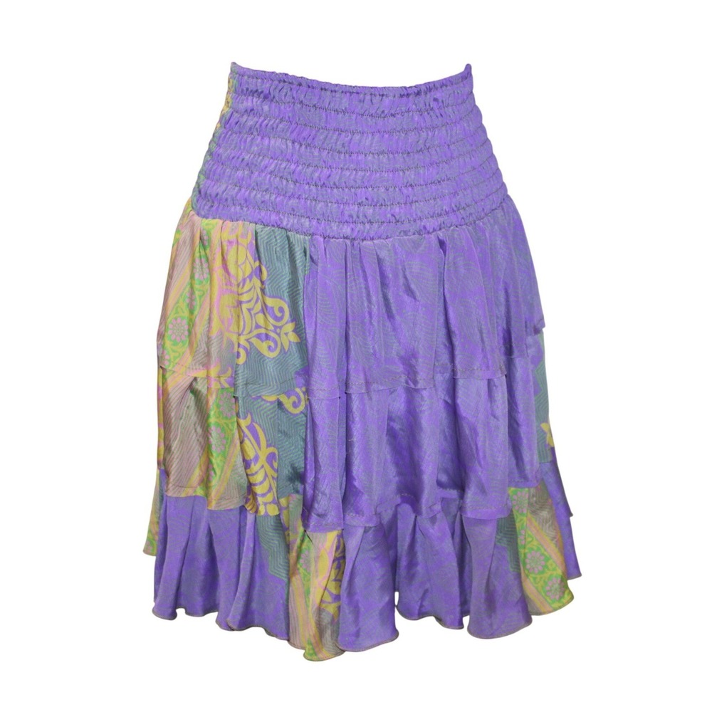 Silk Blend Smocked Tiered Patchwork Skirt Women Small Purple Boho